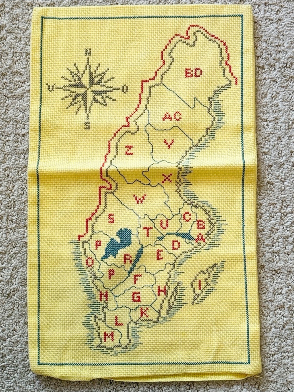 Map of Sweden Pillow Form / Wall Hanging Vintage Finished Cross Stitch Yellow